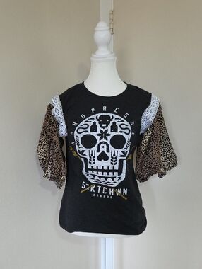 Curated Chaos By Chan - Skull Graphic Tee with Leopard Puff Sleeves